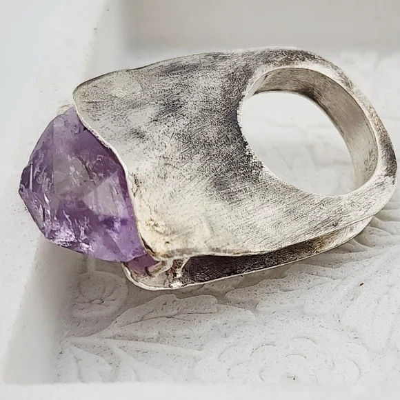 RAW AMETHYST STONE STATEMENT RING HANDMADE IN STERLING SILVER METAL SIZE 9